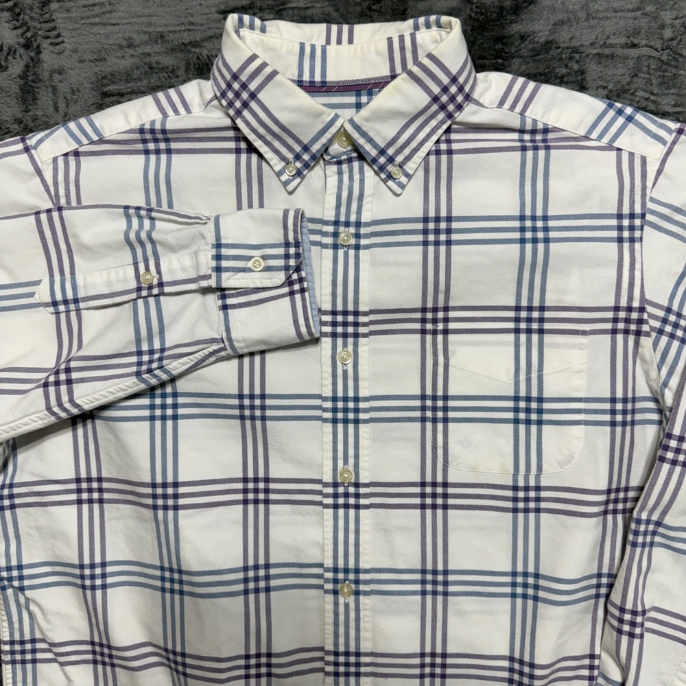 Cremieux Classics Button Down Men Large White Blue Purple Plaid Shirt